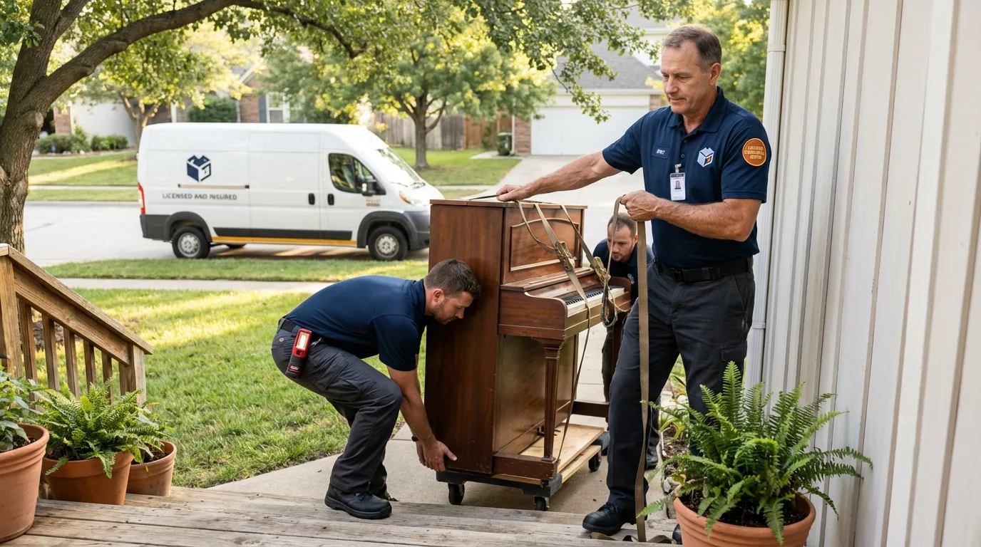 Licensed piano movers securing grand piano in Wahoo, NE