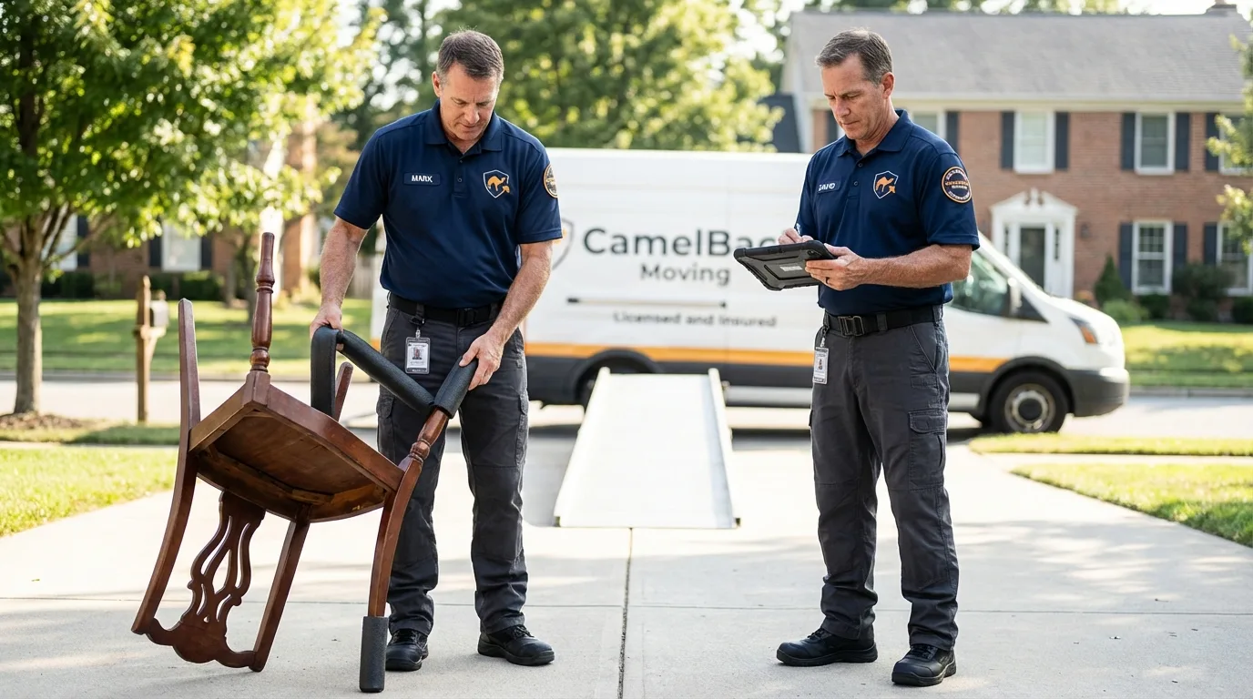 Movers inspecting furniture for damage prevention before loading in Wahoo, NE