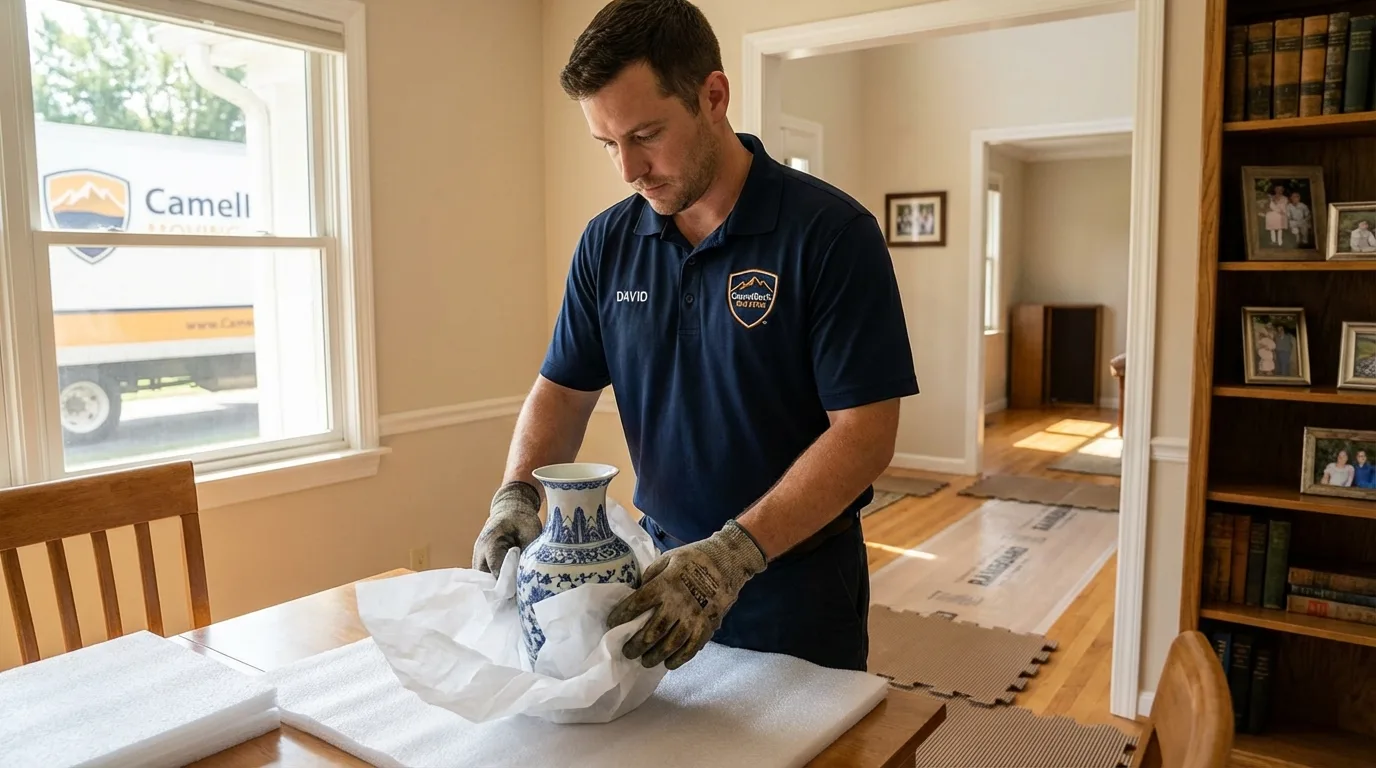 Professional crew carefully wrapping antique vase for senior downsizing move in Wahoo, NE